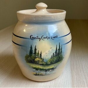 P.R. Storie Pottery, Marshall TX, Country Cookie Crock Ceramic Jar Cream Blue 8”